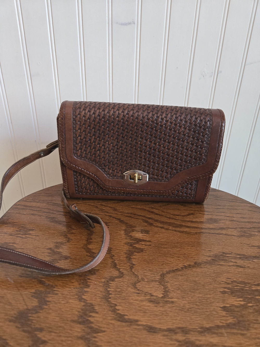 Vintage Brown Basketweave Woven Leather Crossbody Bag - Made In Mexico